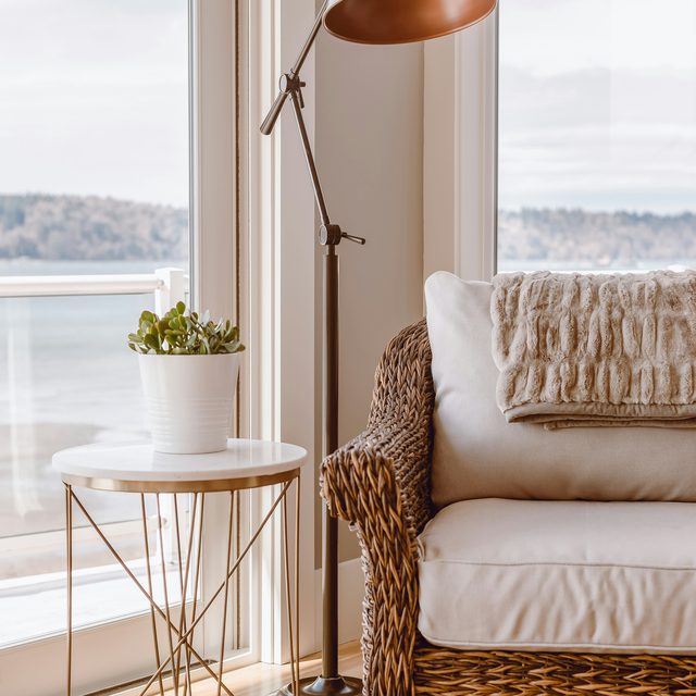 A bright reading nook with a view